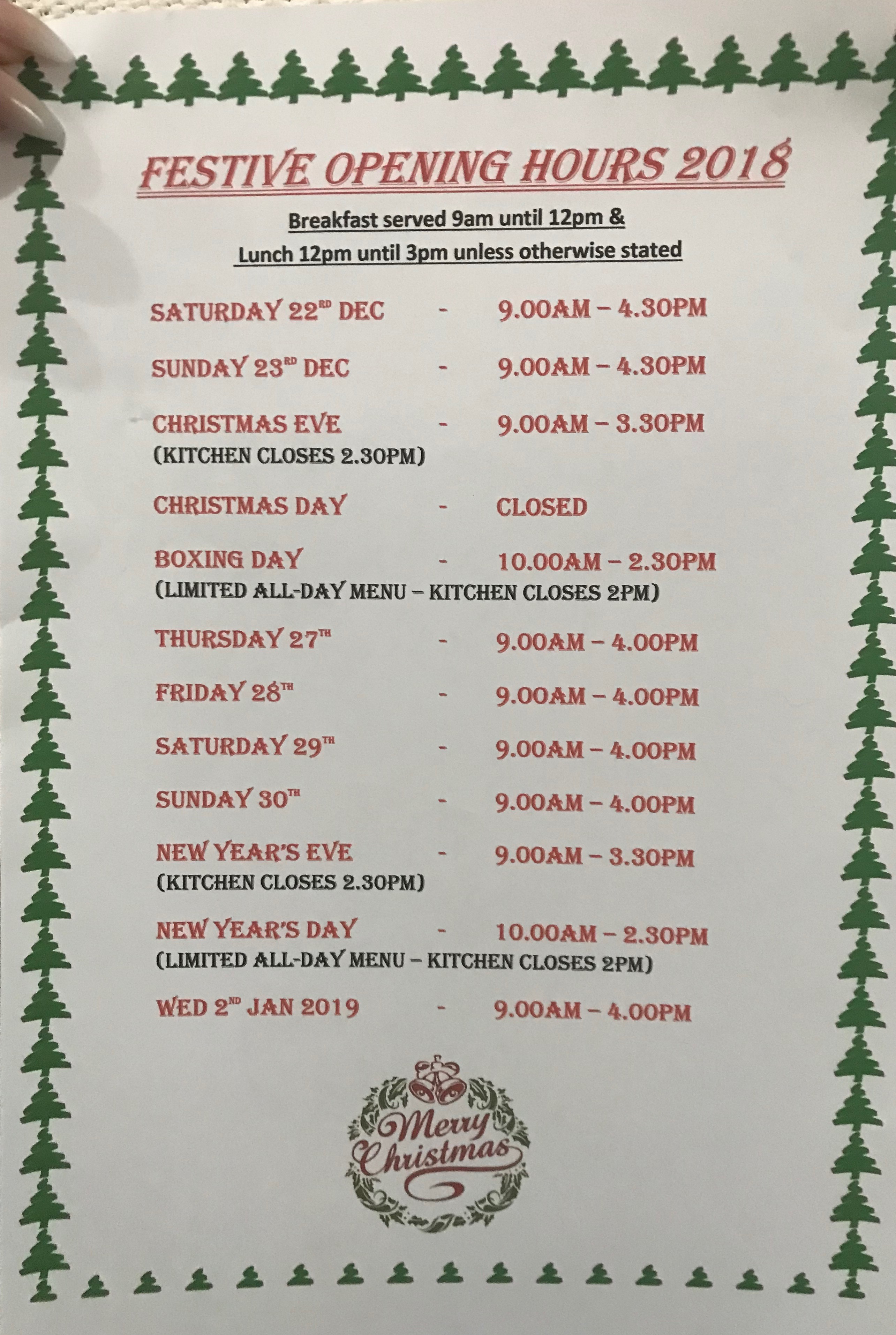Christmas Opening Hours at Stones Cafe Weston